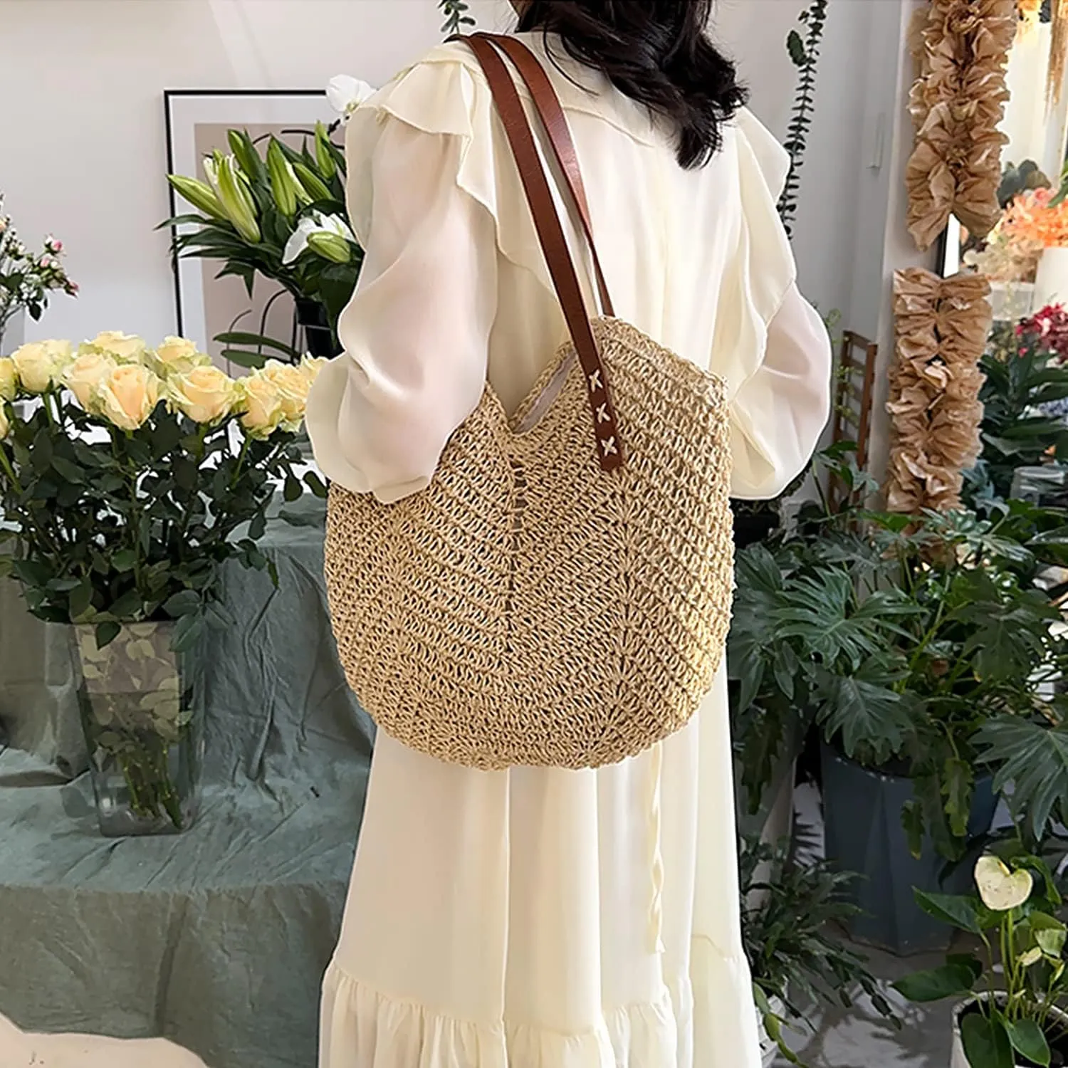 MAMUNU Straw Beach Bag for Women Large Straw Tote Bag with Zipper Summer Woven Bag Travel Straw Shoulder Bags for Vocation