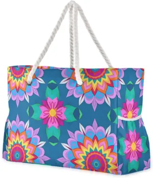 Mandala Floral Colorful Cyan Weekender Travel Bag Waterproof Sandproof with side pockets Large Tote Bags With Zipper for work