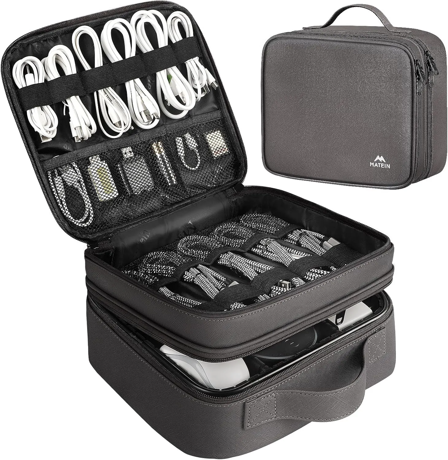 MATEIN Cord Organizer Case with Adjustable Divider, DJ Cable File Bag for DJ Gear, Sound Instrument and Music Equipment Accessories, Shockproof Portable Double Layer Cord Bags, Grey