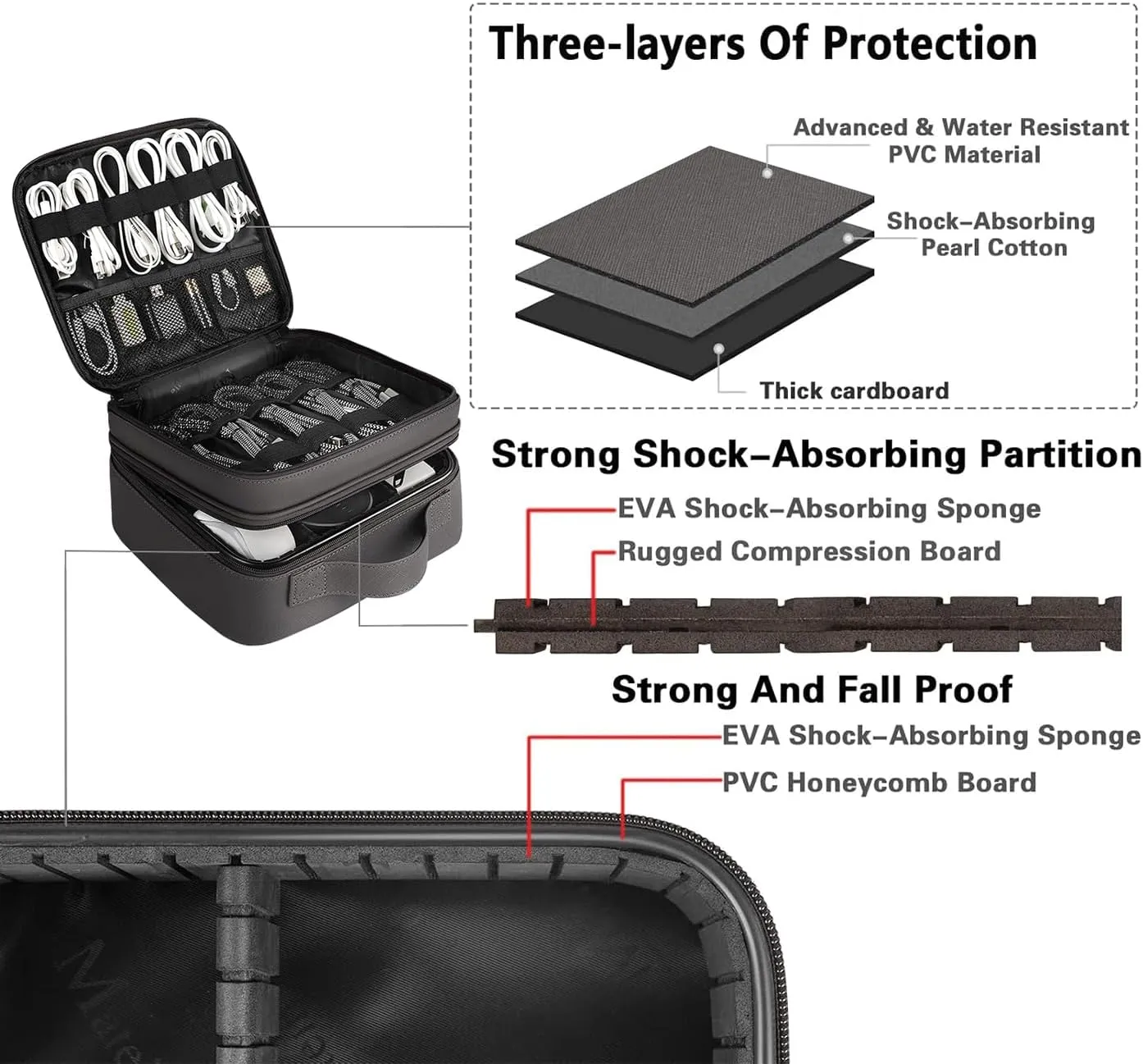 MATEIN Cord Organizer Case with Adjustable Divider, DJ Cable File Bag for DJ Gear, Sound Instrument and Music Equipment Accessories, Shockproof Portable Double Layer Cord Bags, Grey