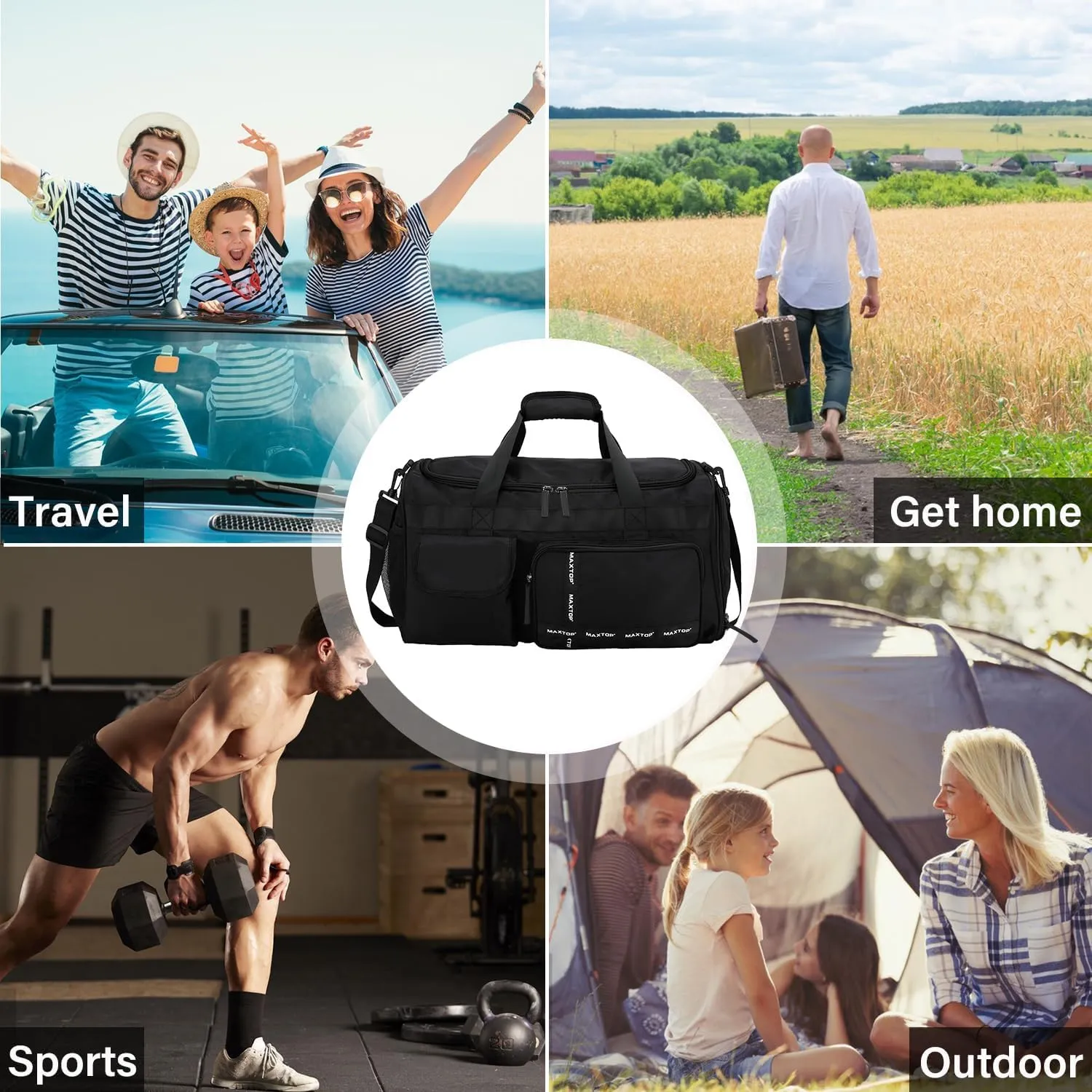 MAXTOP Large Gym Bag for Men Women with Shoe Compartment Wet Dry Separation Black Carry on Duffle Bag for Travel Sports Yoga Fitness Weekend Outdoor Activities