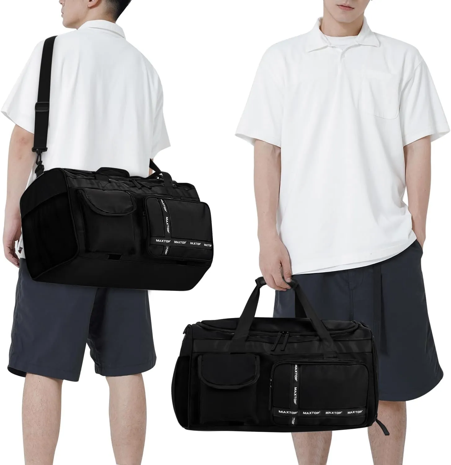 MAXTOP Large Gym Bag for Men Women with Shoe Compartment Wet Dry Separation Black Carry on Duffle Bag for Travel Sports Yoga Fitness Weekend Outdoor Activities