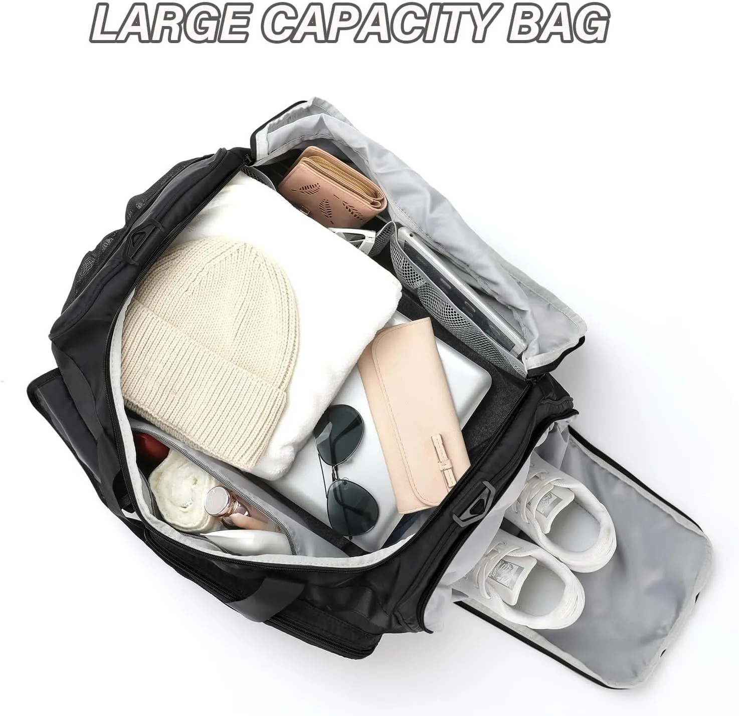 MAXTOP Large Gym Bag for Men Women with Shoe Compartment Wet Dry Separation Black Carry on Duffle Bag for Travel Sports Yoga Fitness Weekend Outdoor Activities