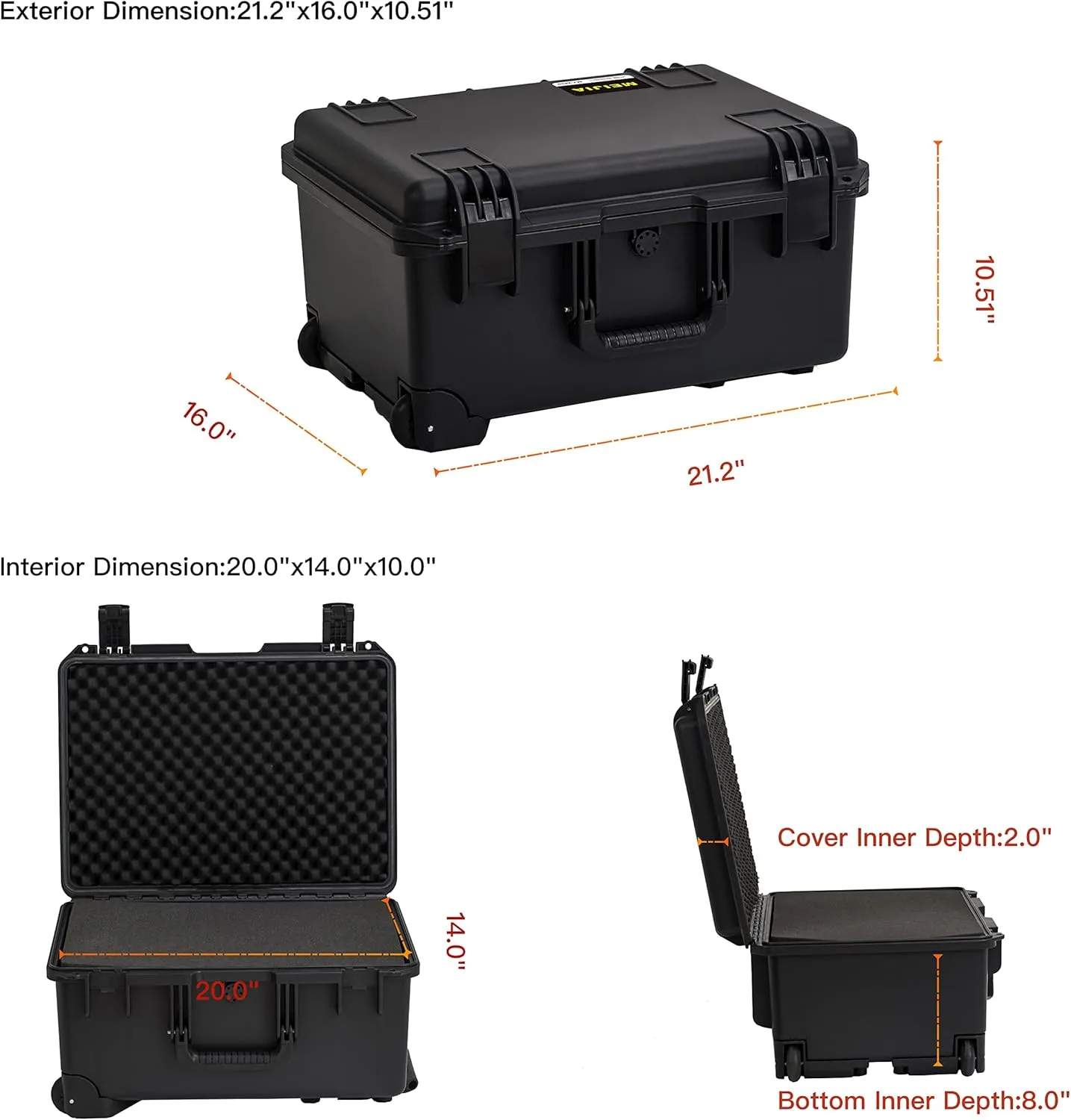 MEIJIA Portable All Weather Waterproof Rolling Hard Case,Camera Case with Customizable Fit Foam,Lightweight design with pull handle and wheels,21.2"x16"x10.51",Black