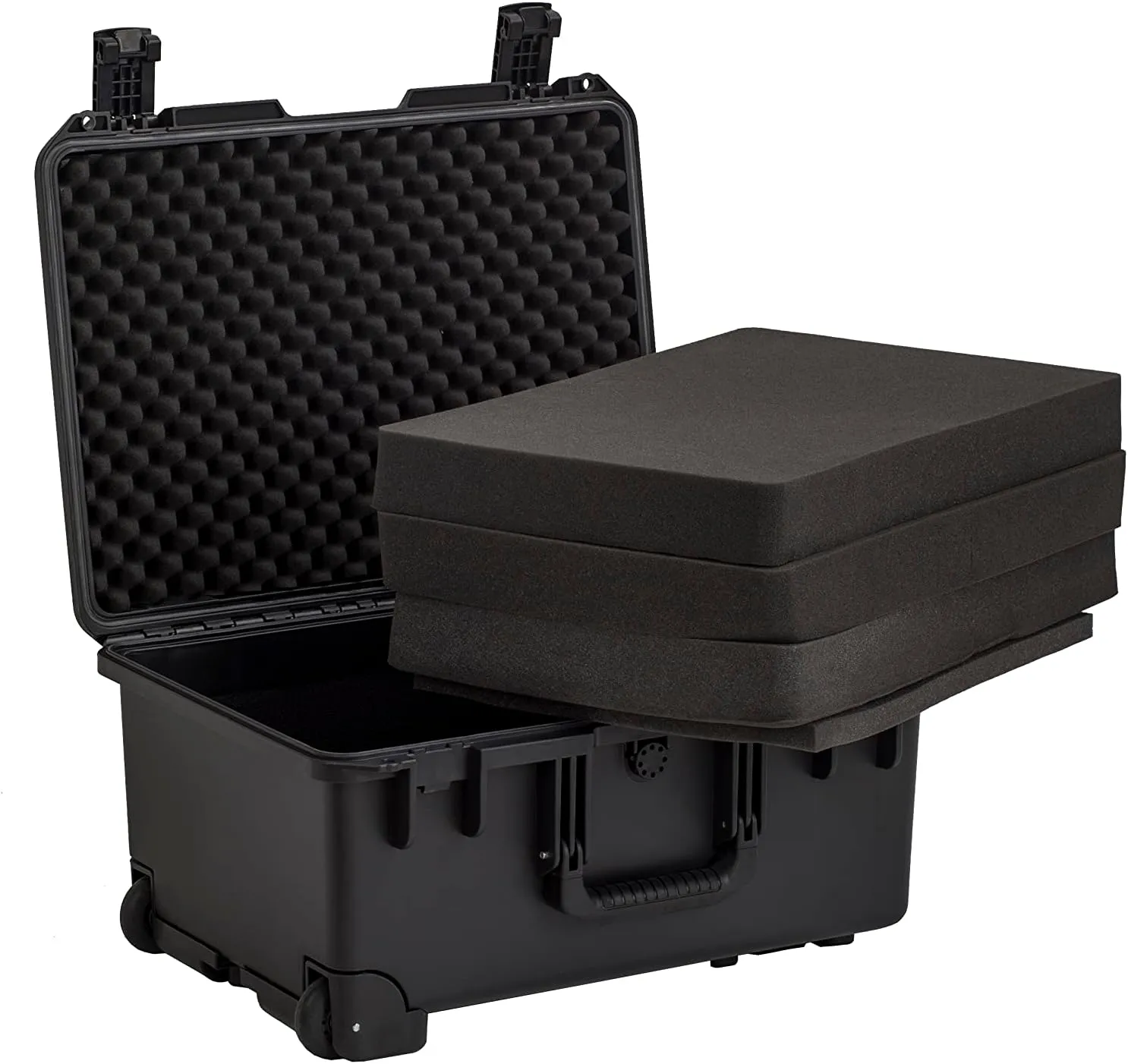 MEIJIA Portable All Weather Waterproof Rolling Hard Case,Camera Case with Customizable Fit Foam,Lightweight design with pull handle and wheels,21.2"x16"x10.51",Black