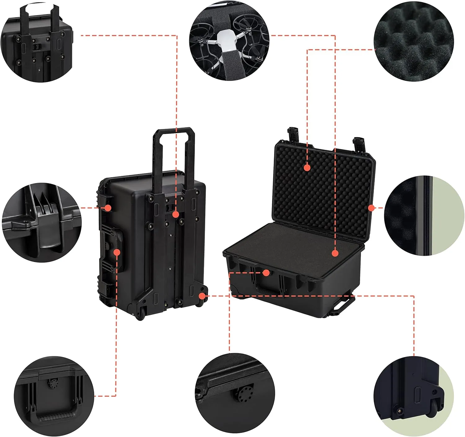 MEIJIA Portable All Weather Waterproof Rolling Hard Case,Camera Case with Customizable Fit Foam,Lightweight design with pull handle and wheels,21.2"x16"x10.51",Black
