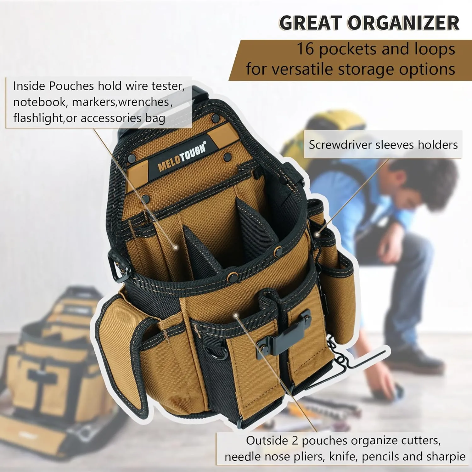 MELOTOUGH Electrician Tool Pouch Bag with Shoulder Strap Professional 15 Pockets Tool Pouch with Belt Clip Quickly Attach and Release Tool Bag