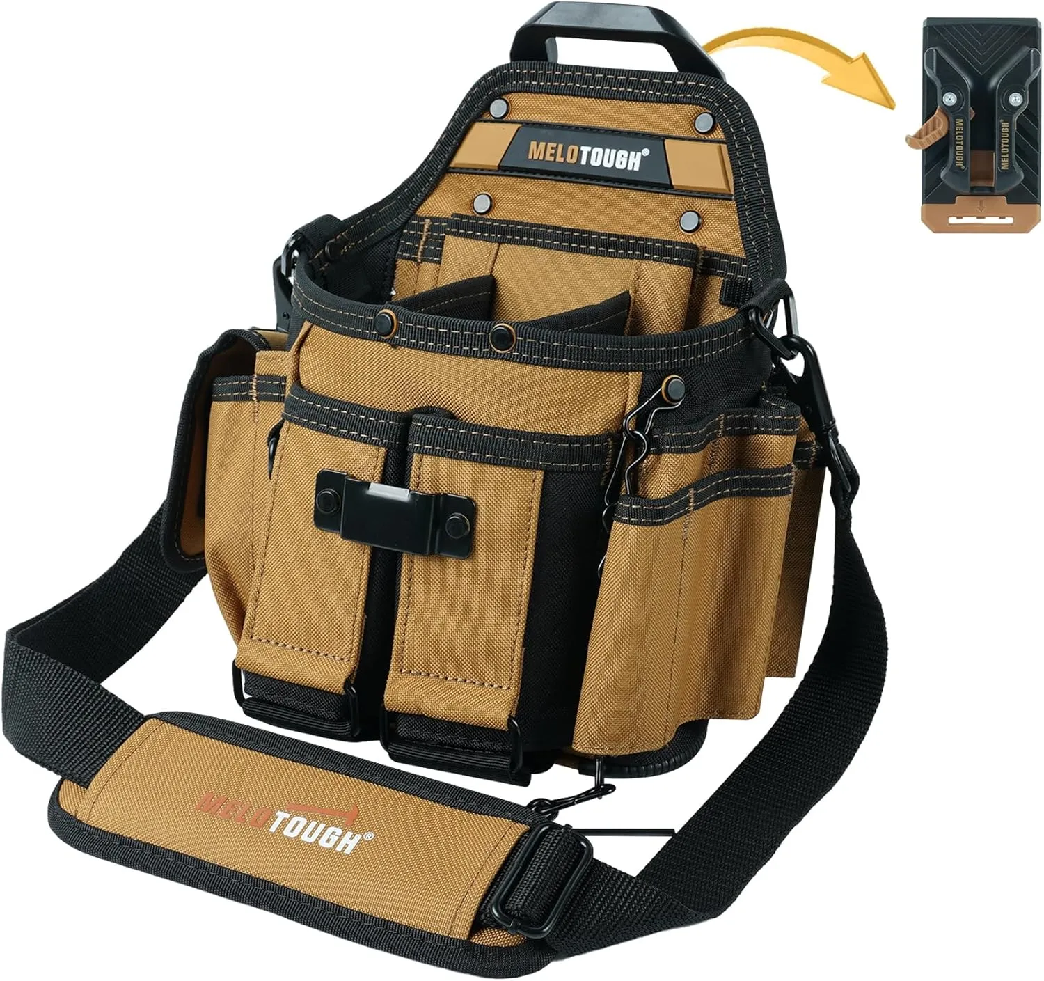 MELOTOUGH Electrician Tool Pouch Bag with Shoulder Strap Professional 15 Pockets Tool Pouch with Belt Clip Quickly Attach and Release Tool Bag