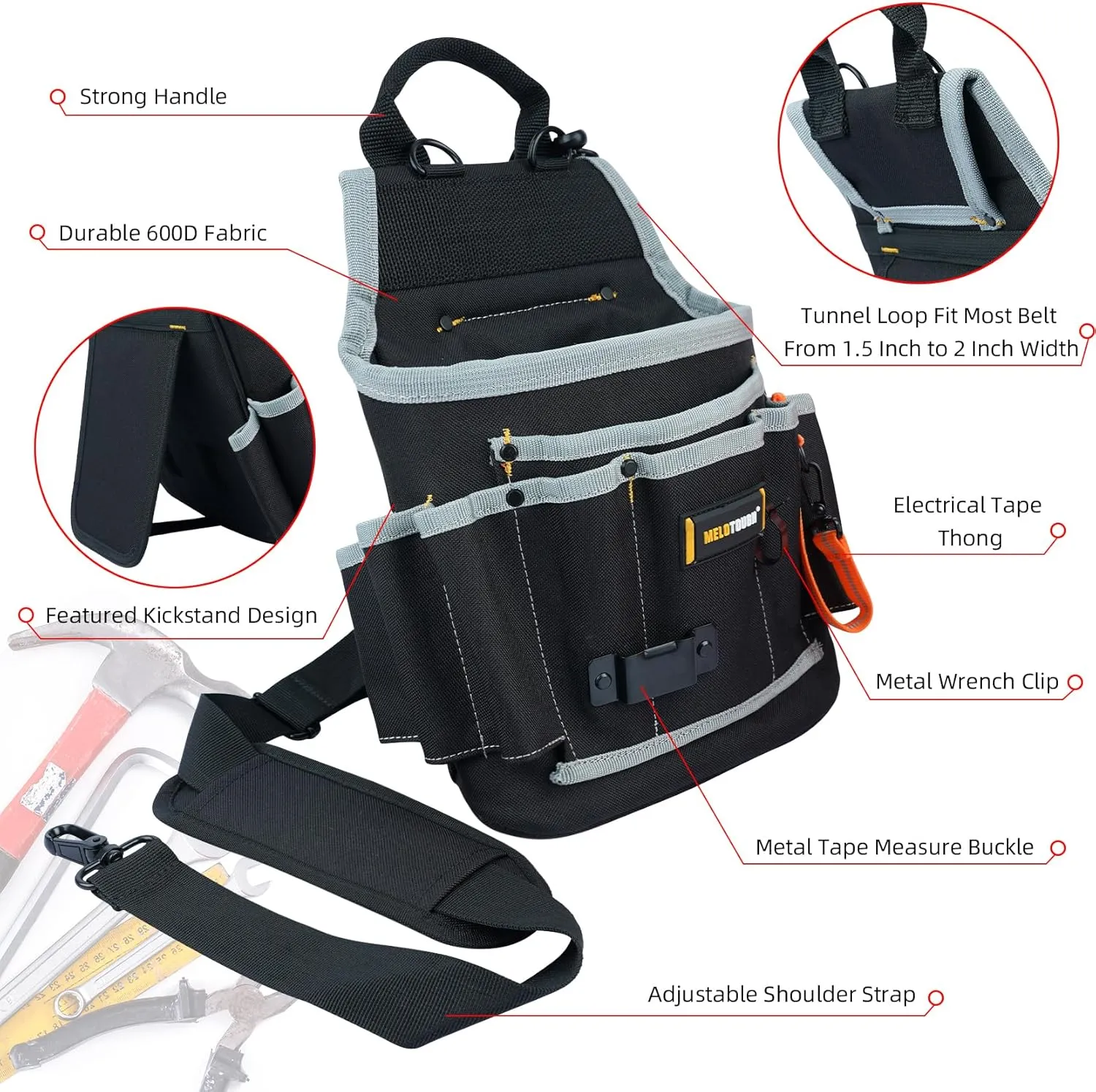 MELOTOUGH Electrician Tool Pouch Tool Belt Pouches Multiple Pockets Tool Organizer for Technician, Maintenance, HVAC