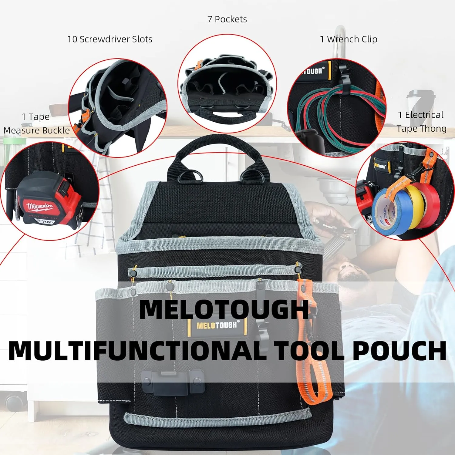 MELOTOUGH Electrician Tool Pouch Tool Belt Pouches Multiple Pockets Tool Organizer for Technician, Maintenance, HVAC