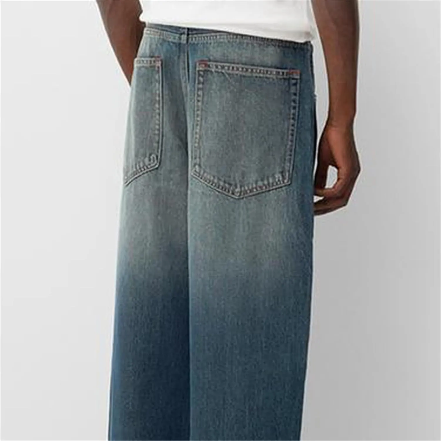 Men Grunge Jeans Mid Rise Baggy Wide Leg Hip Hop Skater Denim Pants Vintage Low Waist Loose Fit Trousers Streetwear
