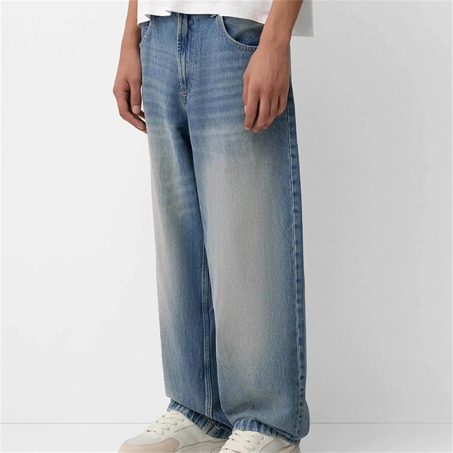 Men Grunge Jeans Mid Rise Baggy Wide Leg Hip Hop Skater Denim Pants Vintage Low Waist Loose Fit Trousers Streetwear