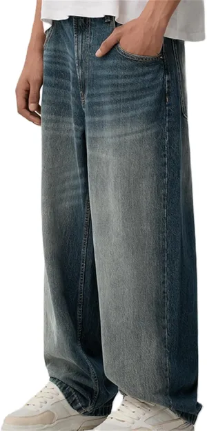 Men Grunge Jeans Mid Rise Baggy Wide Leg Hip Hop Skater Denim Pants Vintage Low Waist Loose Fit Trousers Streetwear