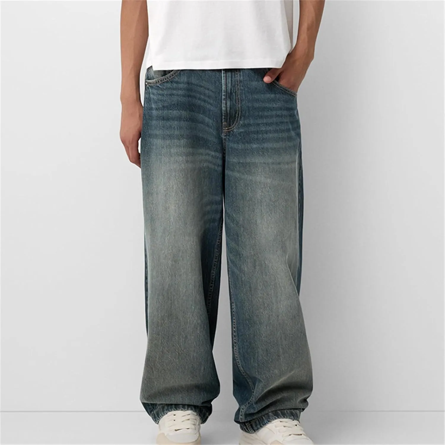 Men Grunge Jeans Mid Rise Baggy Wide Leg Hip Hop Skater Denim Pants Vintage Low Waist Loose Fit Trousers Streetwear