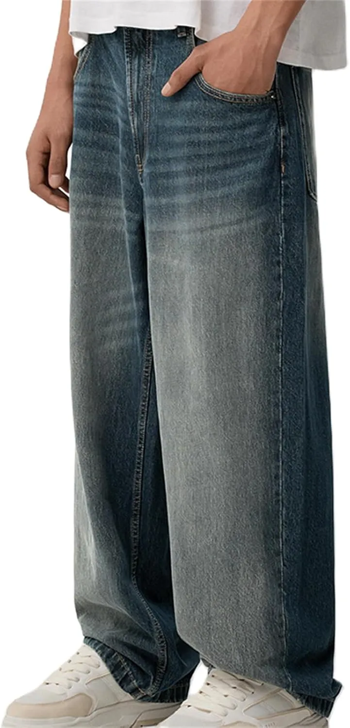 Men Grunge Jeans Mid Rise Baggy Wide Leg Hip Hop Skater Denim Pants Vintage Low Waist Loose Fit Trousers Streetwear