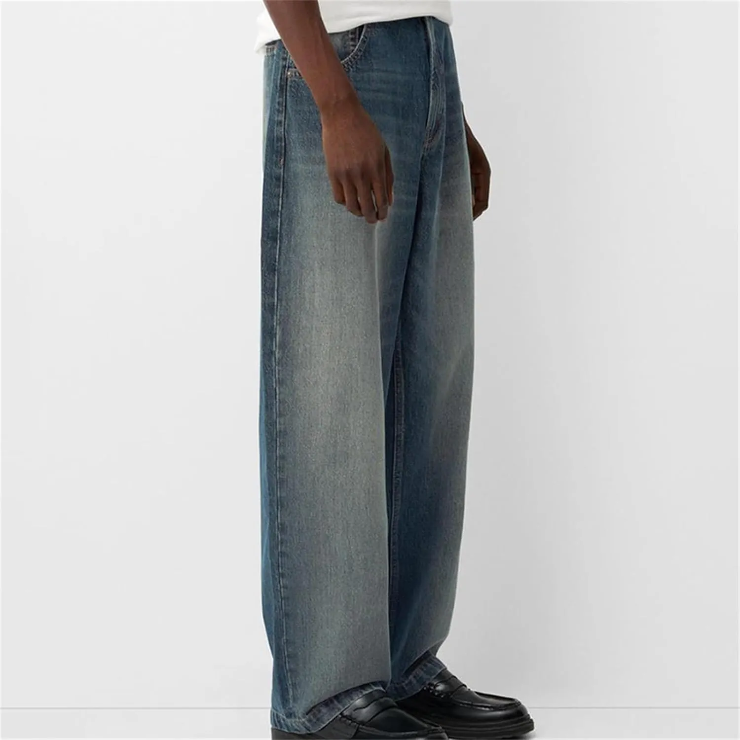 Men Grunge Jeans Mid Rise Baggy Wide Leg Hip Hop Skater Denim Pants Vintage Low Waist Loose Fit Trousers Streetwear