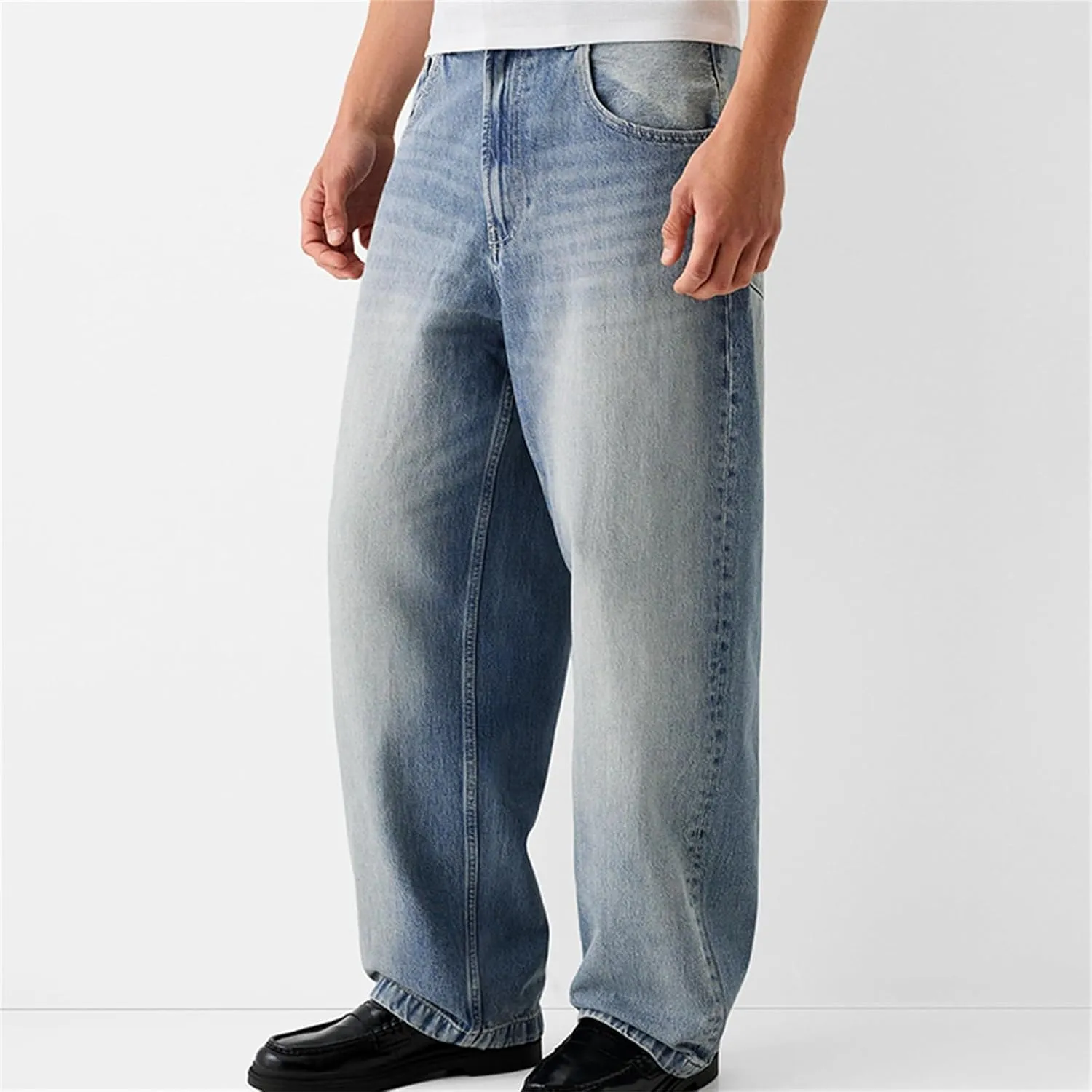 Men Grunge Jeans Mid Rise Baggy Wide Leg Hip Hop Skater Denim Pants Vintage Low Waist Loose Fit Trousers Streetwear