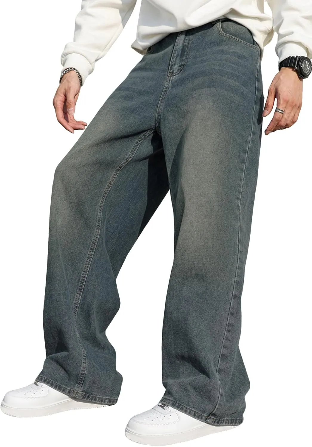 Men's Baggy Hip Hop Jeans Wide Leg Skater Denim Pants Casual Loose Fit Long Trousers Streetwear
