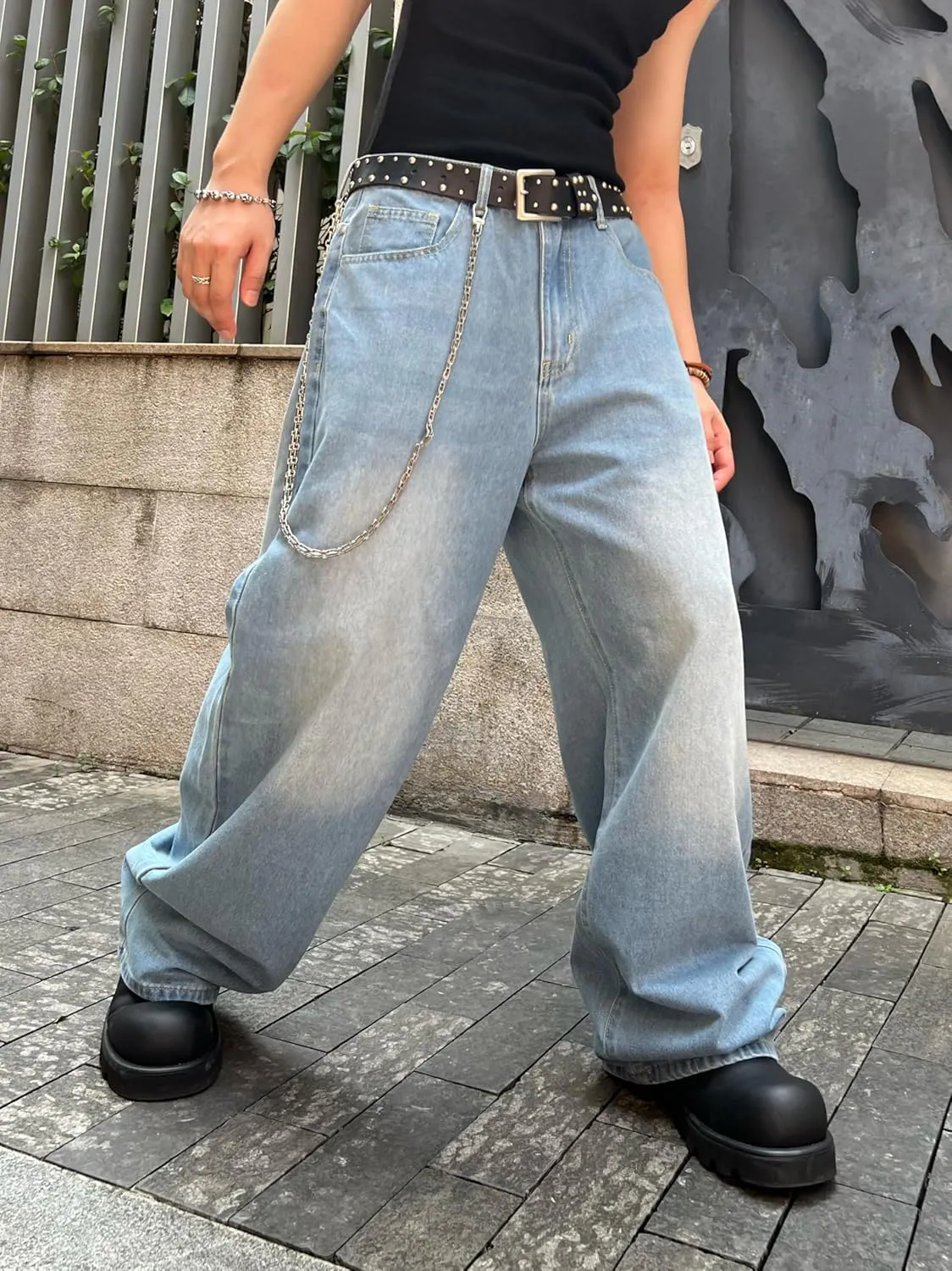 Men's Baggy Hip Hop Jeans Wide Leg Skater Denim Pants Casual Loose Fit Long Trousers Streetwear