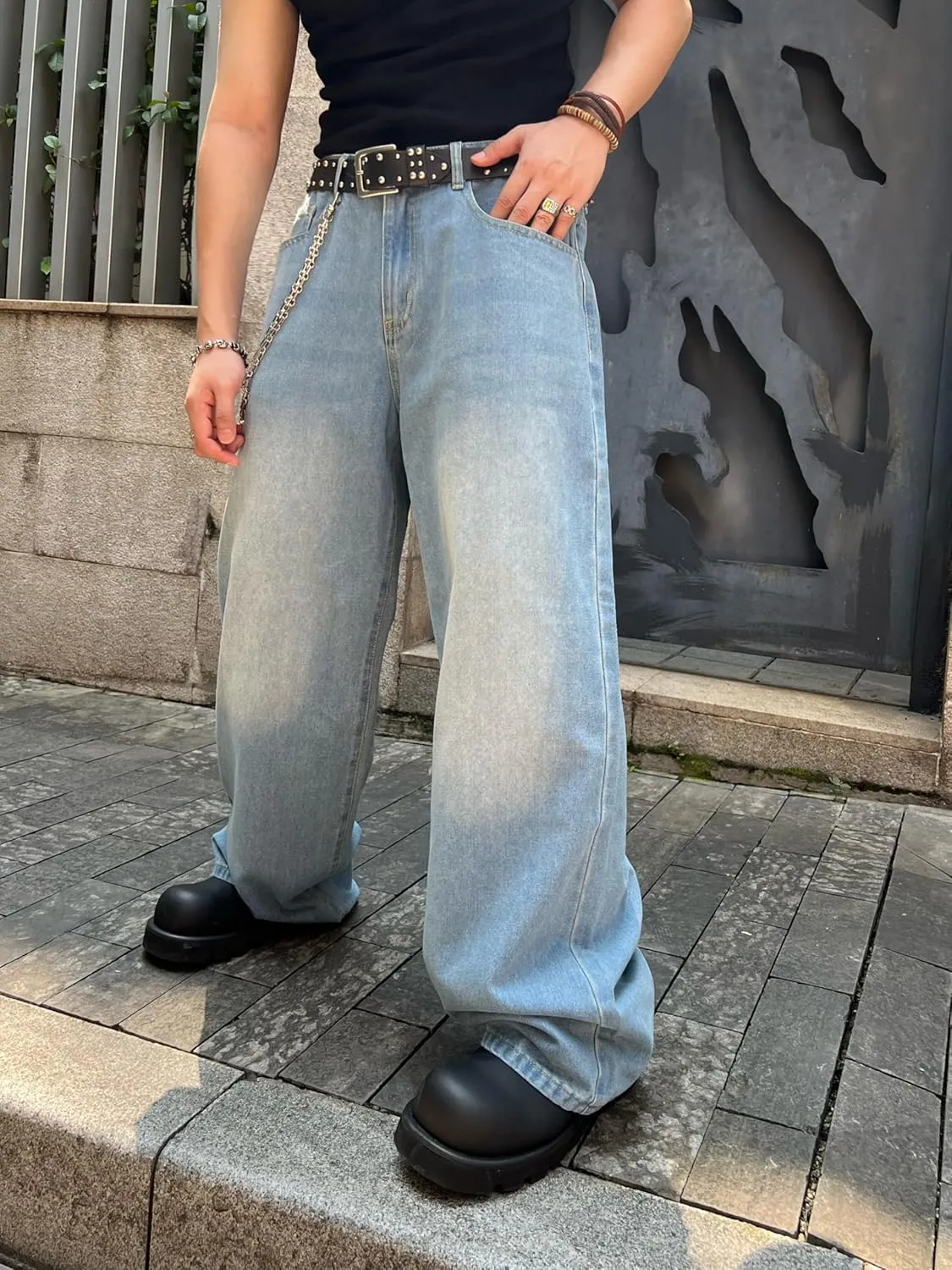 Men's Baggy Hip Hop Jeans Wide Leg Skater Denim Pants Casual Loose Fit Long Trousers Streetwear