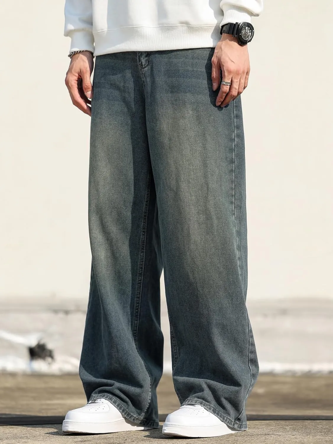 Men's Baggy Hip Hop Jeans Wide Leg Skater Denim Pants Casual Loose Fit Long Trousers Streetwear