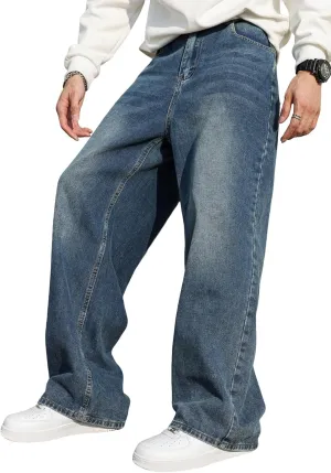 Men's Baggy Hip Hop Jeans Wide Leg Skater Denim Pants Casual Loose Fit Long Trousers Streetwear