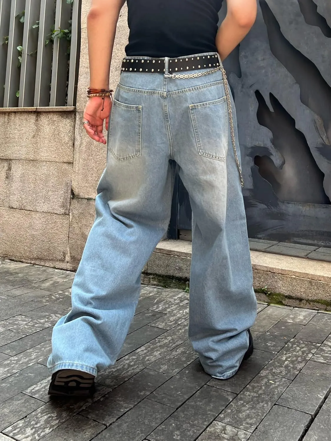 Men's Baggy Hip Hop Jeans Wide Leg Skater Denim Pants Casual Loose Fit Long Trousers Streetwear