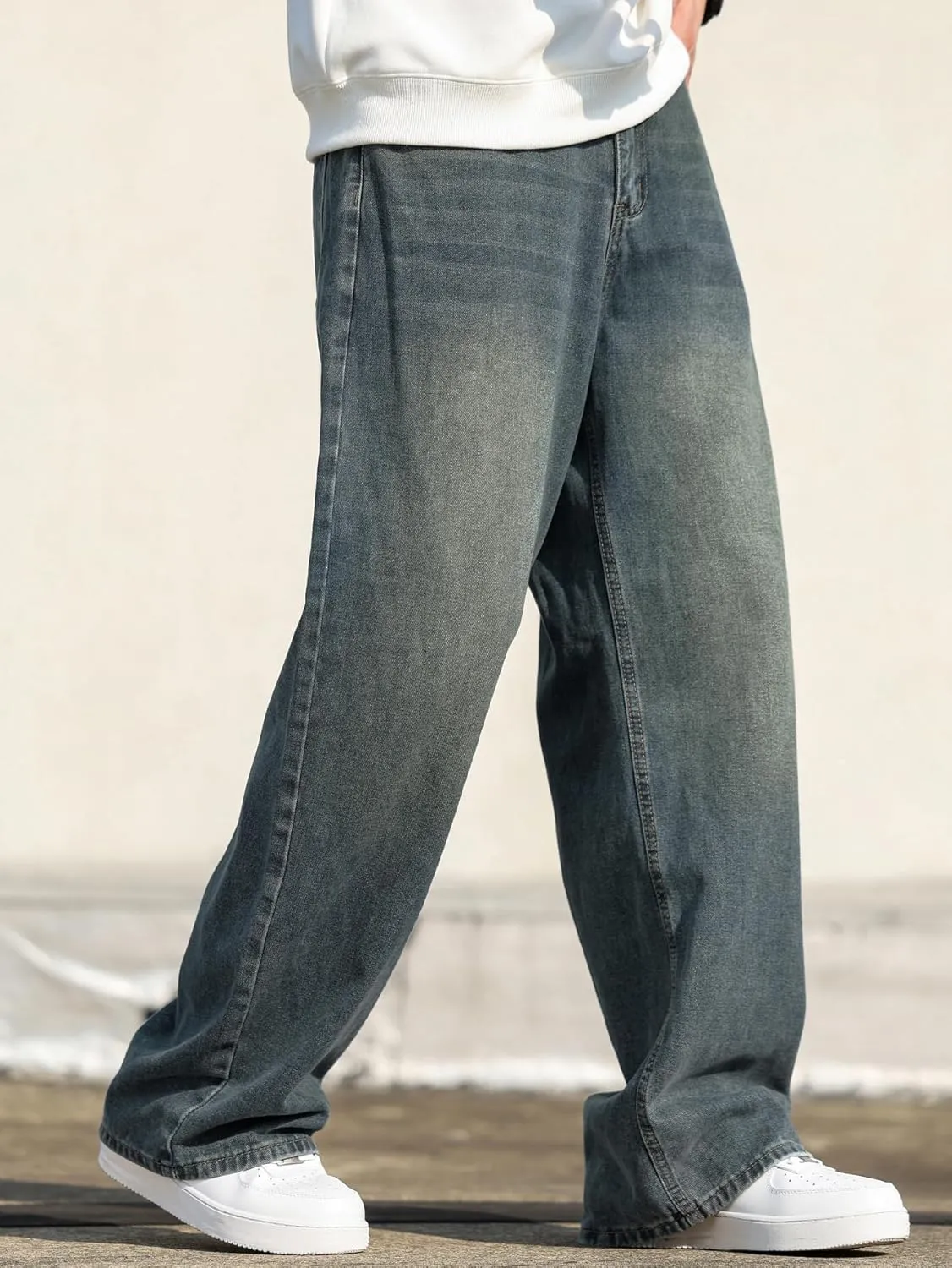 Men's Baggy Hip Hop Jeans Wide Leg Skater Denim Pants Casual Loose Fit Long Trousers Streetwear