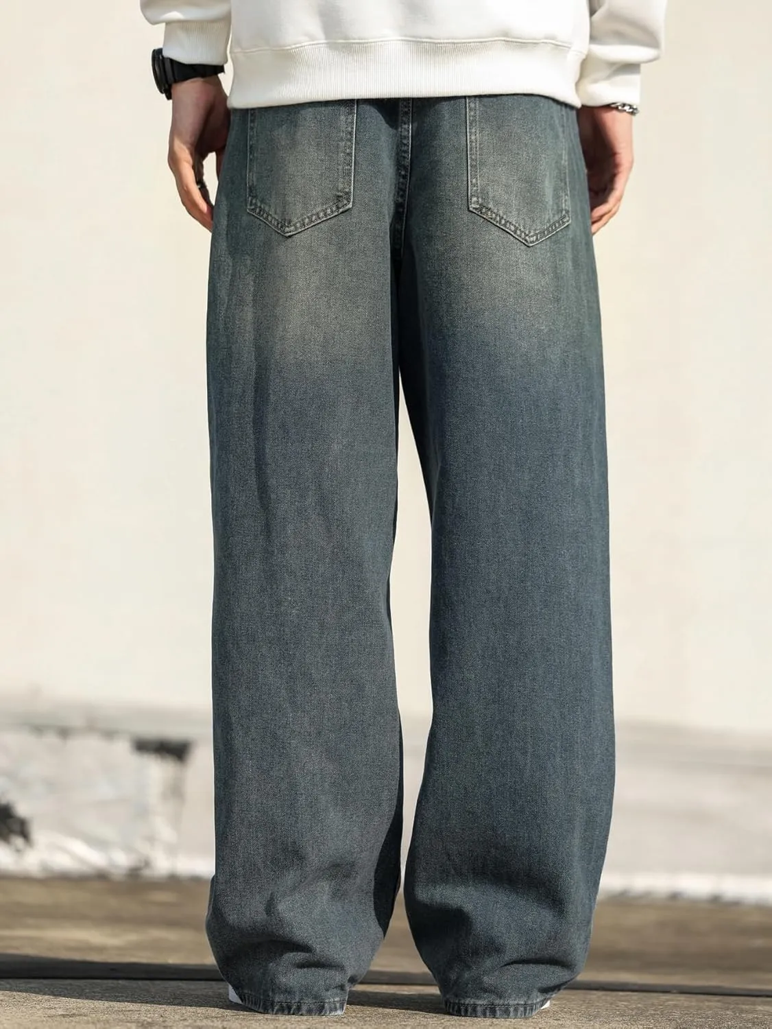 Men's Baggy Hip Hop Jeans Wide Leg Skater Denim Pants Casual Loose Fit Long Trousers Streetwear