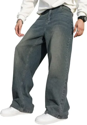 Men's Baggy Hip Hop Jeans Wide Leg Skater Denim Pants Casual Loose Fit Long Trousers Streetwear
