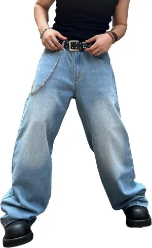 Men's Baggy Hip Hop Jeans Wide Leg Skater Denim Pants Casual Loose Fit Long Trousers Streetwear