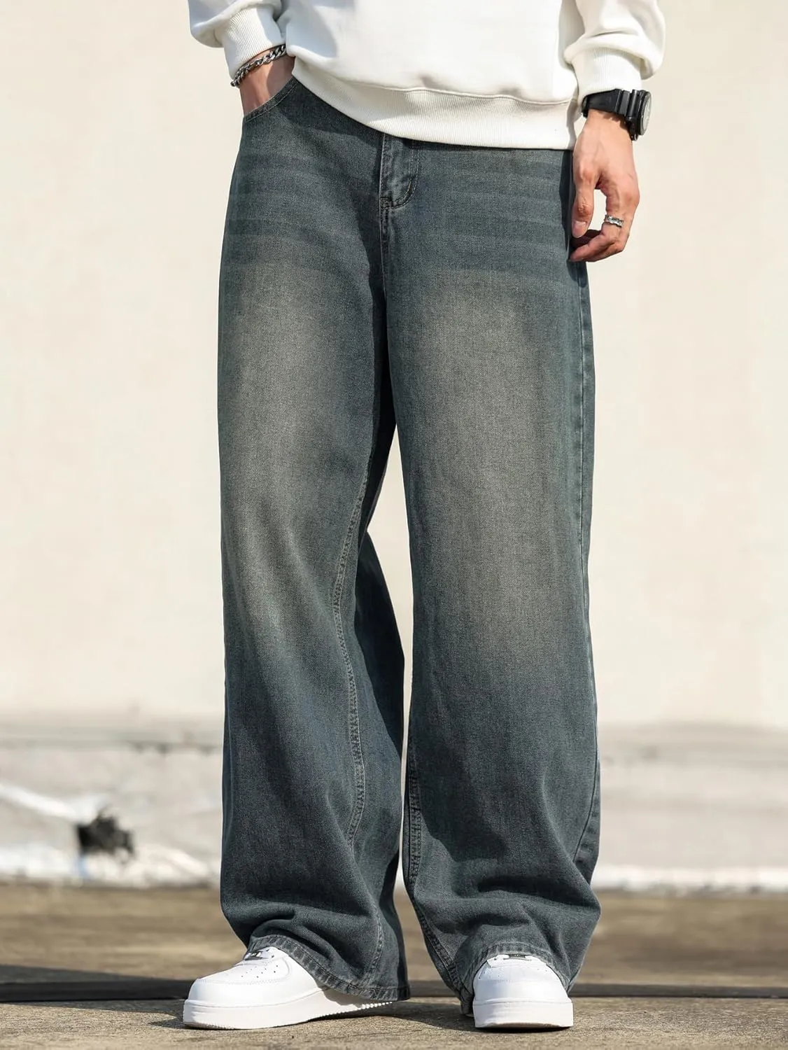 Men's Baggy Hip Hop Jeans Wide Leg Skater Denim Pants Casual Loose Fit Long Trousers Streetwear