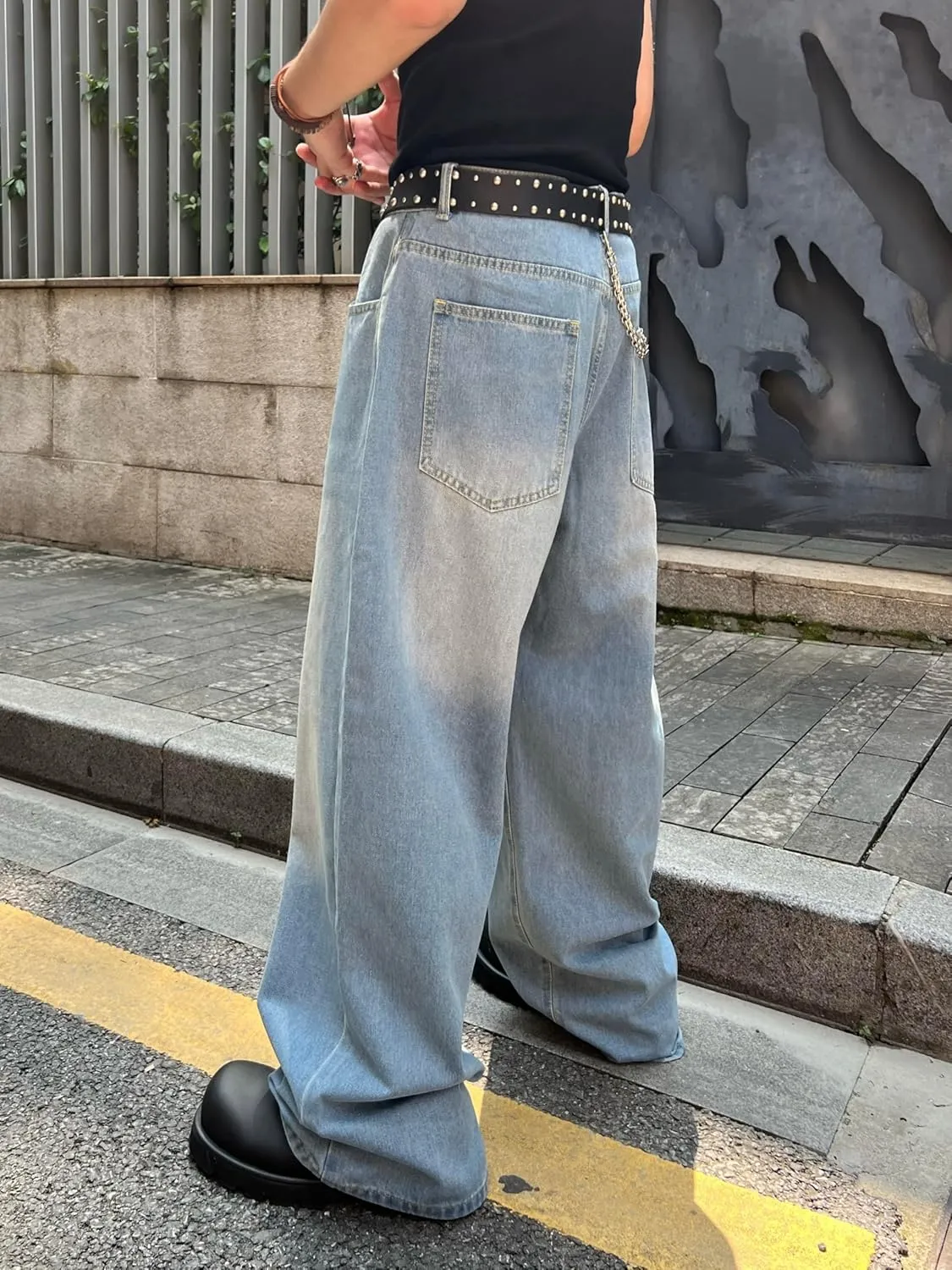 Men's Baggy Hip Hop Jeans Wide Leg Skater Denim Pants Casual Loose Fit Long Trousers Streetwear