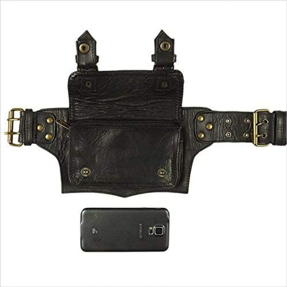 Mens Boys Vintage Leather Messenger Belt Sling Leather Utility Pouch Fanny Pack Messenger Waist Belt Gift for Men & Women (Black)