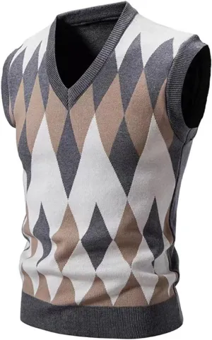 Mens Casual Argyle Sweater Vest Vneck Sleeveless Button Up Pullover Knitwear Vests Wool Blend Solid Cardigan Sweaters