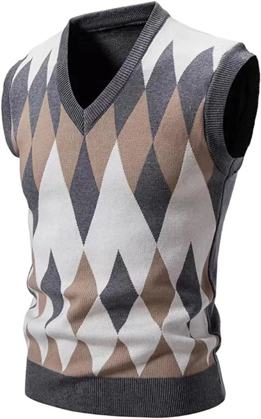 Mens Casual Argyle Sweater Vest Vneck Sleeveless Button Up Pullover Knitwear Vests Wool Blend Solid Cardigan Sweaters