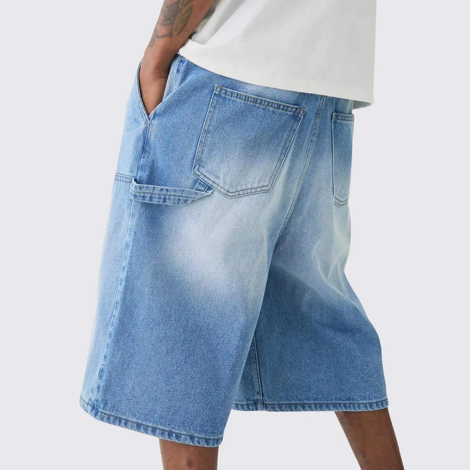 Men's Casual Loose Fit Shorts Straight Wide Leg Knee Length Pull-On Jeans Cargo Denim Shorts with Pockets
