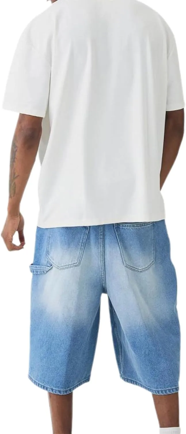 Men's Casual Loose Fit Shorts Straight Wide Leg Knee Length Pull-On Jeans Cargo Denim Shorts with Pockets