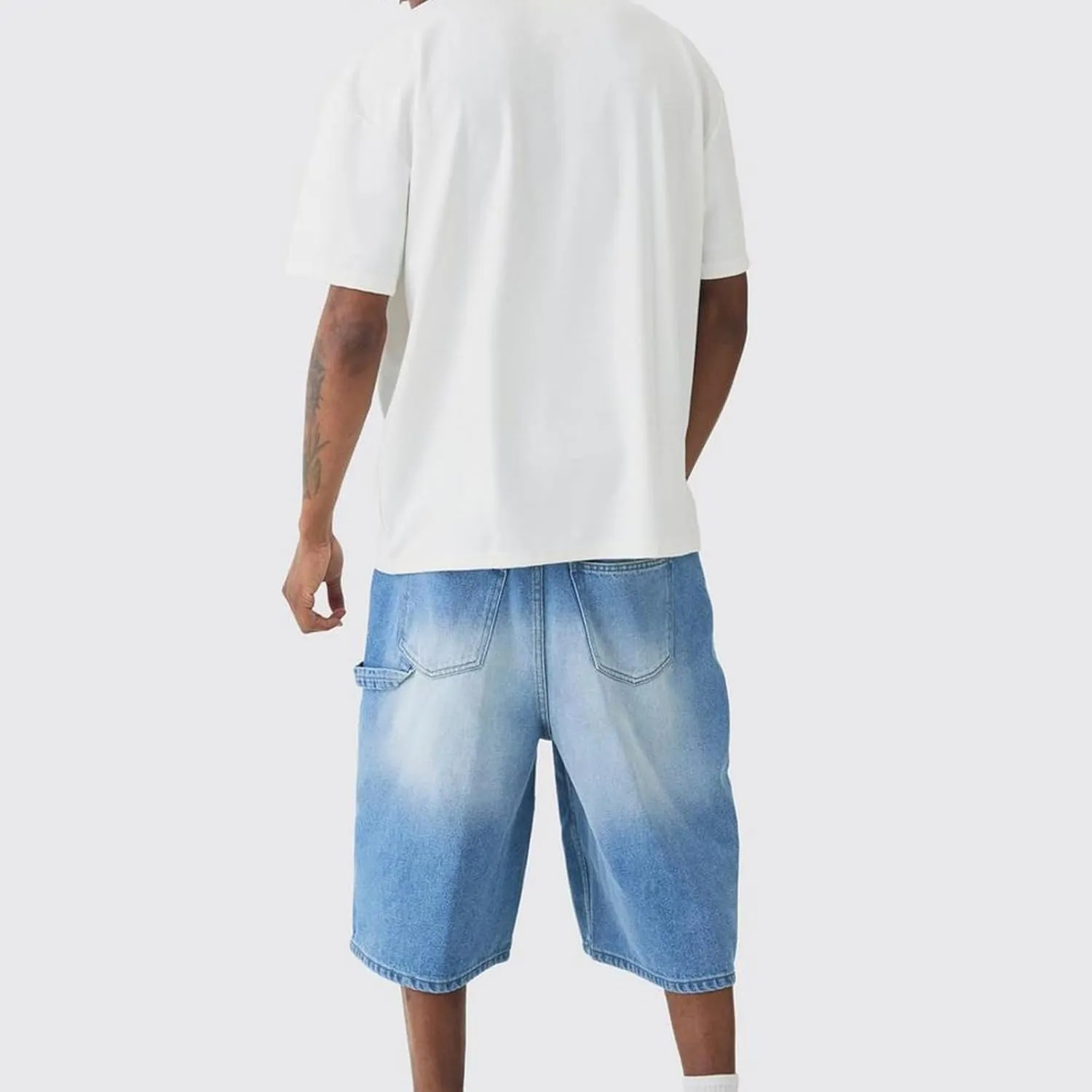 Men's Casual Loose Fit Shorts Straight Wide Leg Knee Length Pull-On Jeans Cargo Denim Shorts with Pockets