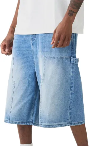 Men's Casual Loose Fit Shorts Straight Wide Leg Knee Length Pull-On Jeans Cargo Denim Shorts with Pockets