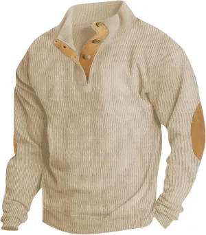 Mens Corduroy Sweater with Elbow Patches Long Sleeve Button Turtleneck Polo Shirts Waffle Knit Sweatshirts