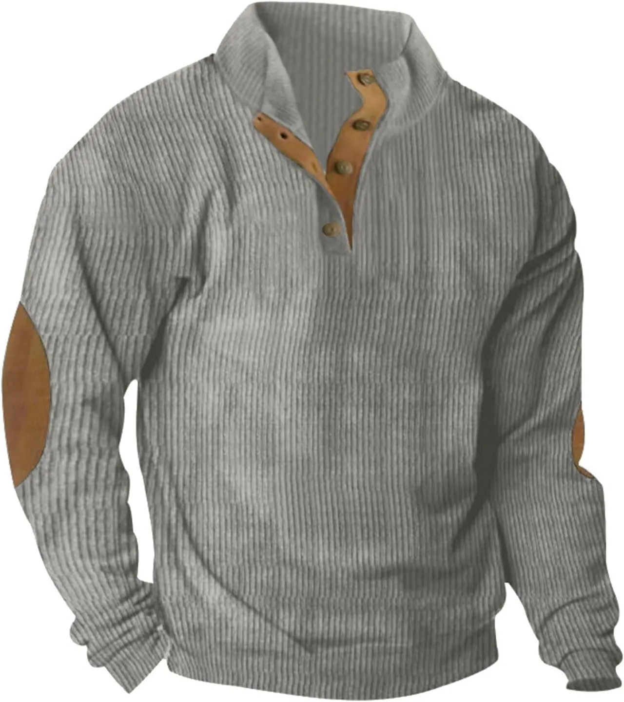 Mens Corduroy Sweater with Elbow Patches Long Sleeve Button Turtleneck Polo Shirts Waffle Knit Sweatshirts
