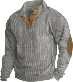 Mens Corduroy Sweater with Elbow Patches Long Sleeve Button Turtleneck Polo Shirts Waffle Knit Sweatshirts