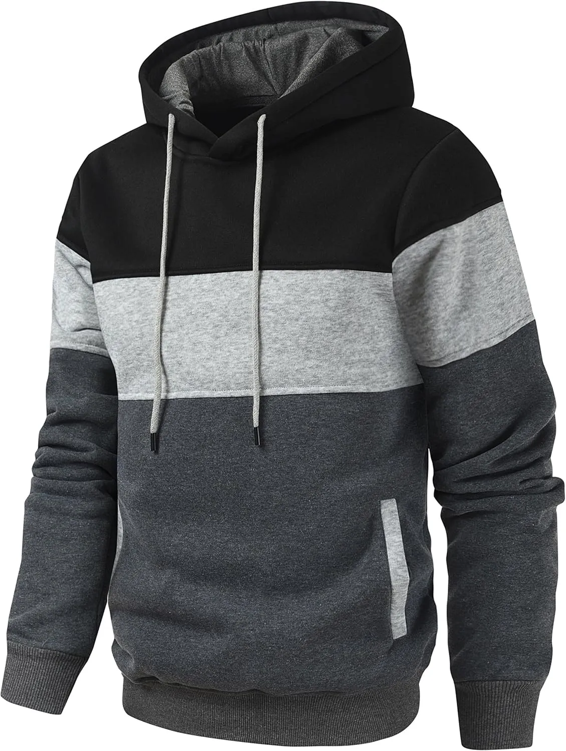 Mens Fashion Hooded Jerseys Long Sleeve Contrast Color Hip-Hop Sweatshirt Hoodies Dark Grey Large