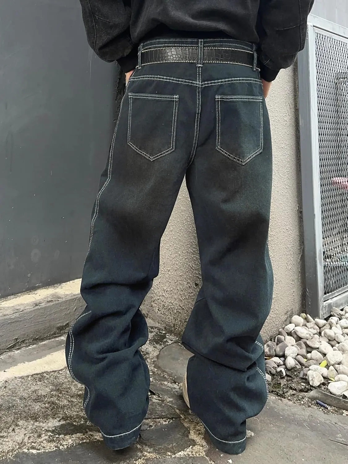 Mens Irregular Sutures Baggy Jeans with Angled Pocket Y2k Hip Hop Wide Leg Denim Pants