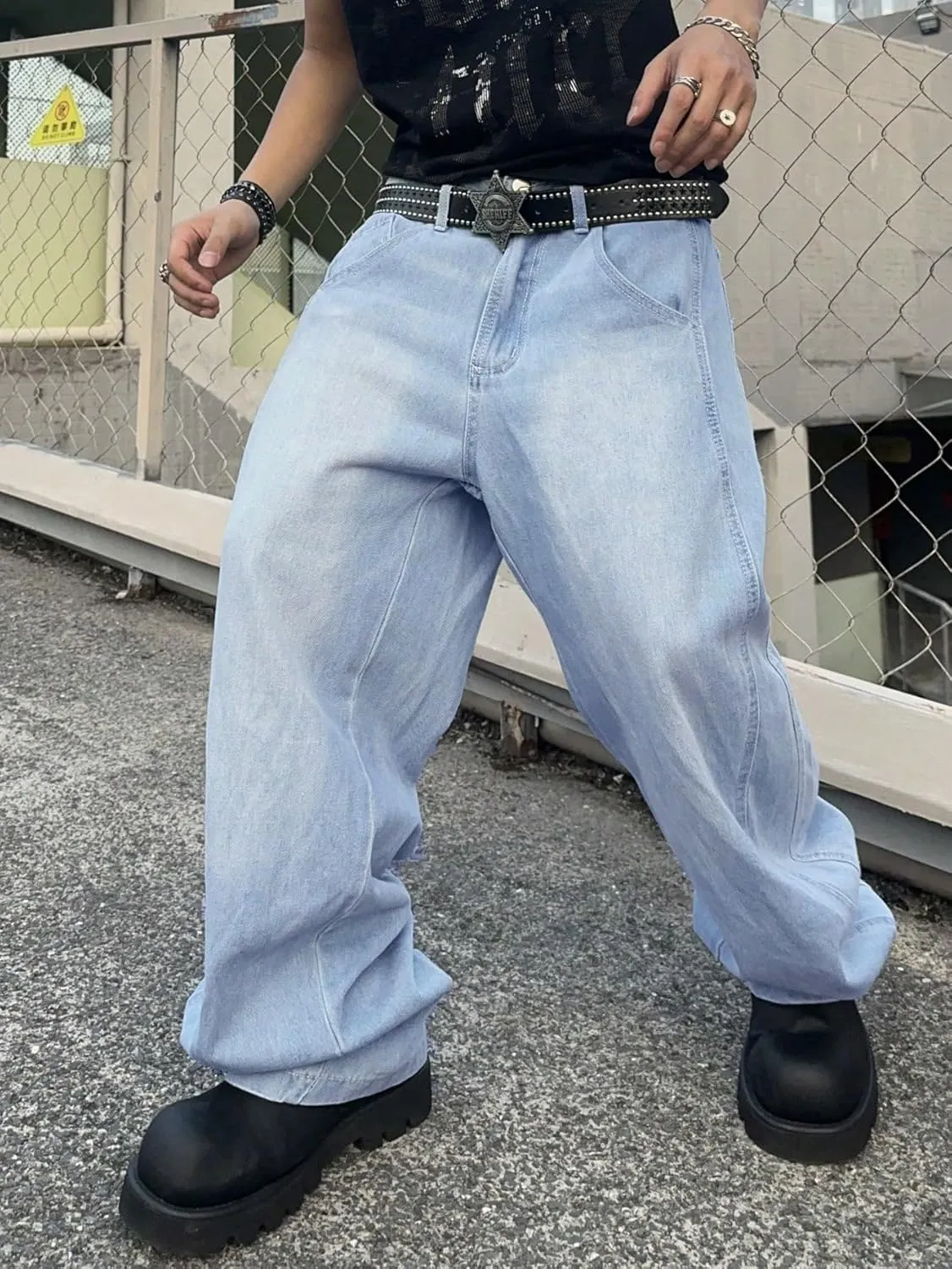 Mens Irregular Sutures Baggy Jeans with Angled Pocket Y2k Hip Hop Wide Leg Denim Pants