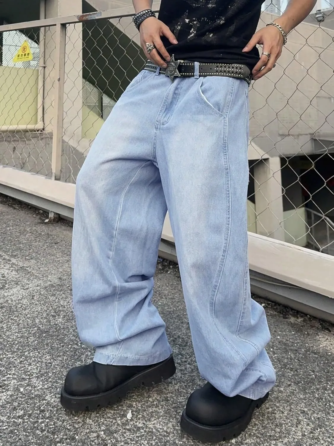 Mens Irregular Sutures Baggy Jeans with Angled Pocket Y2k Hip Hop Wide Leg Denim Pants