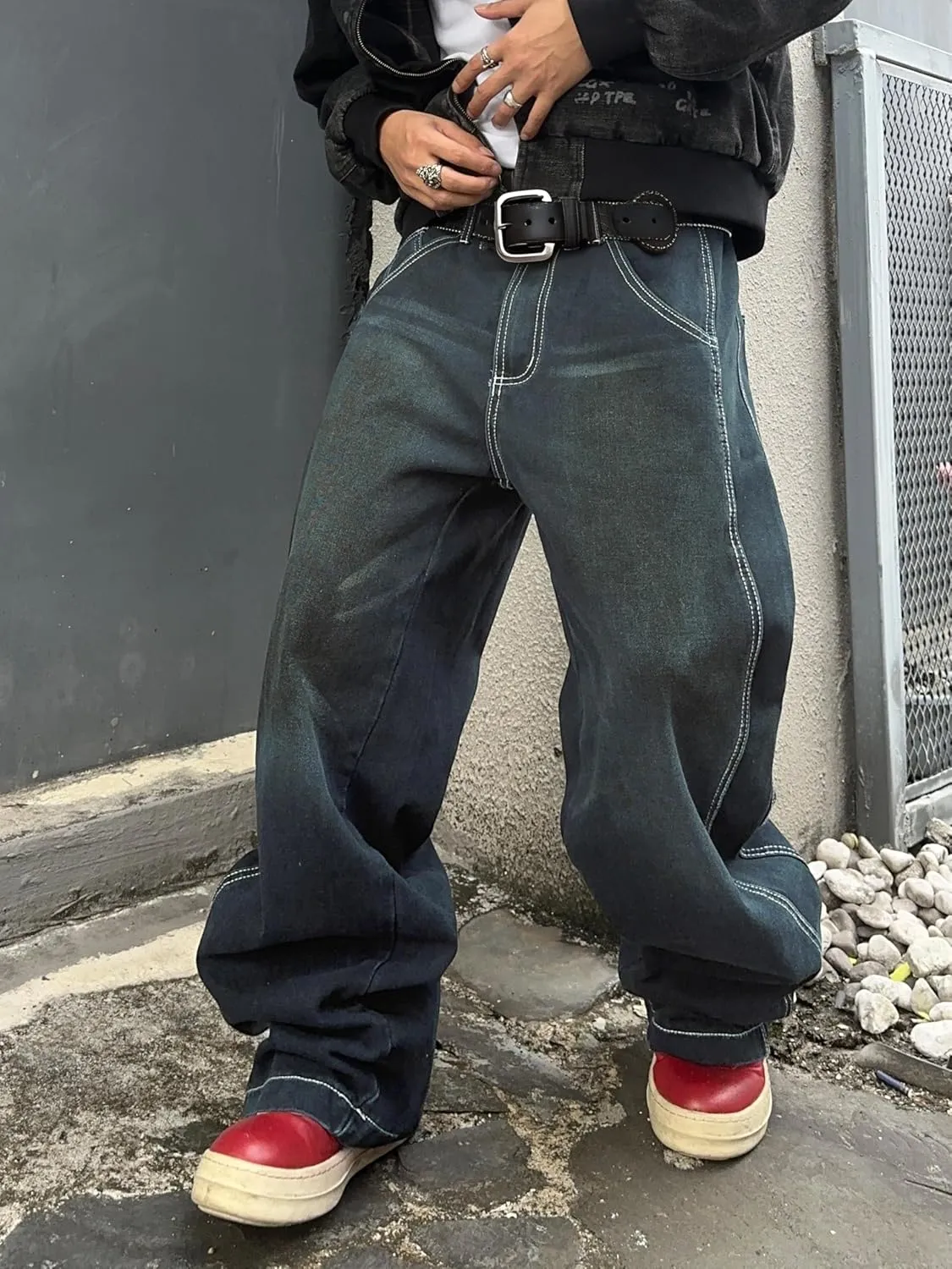 Mens Irregular Sutures Baggy Jeans with Angled Pocket Y2k Hip Hop Wide Leg Denim Pants