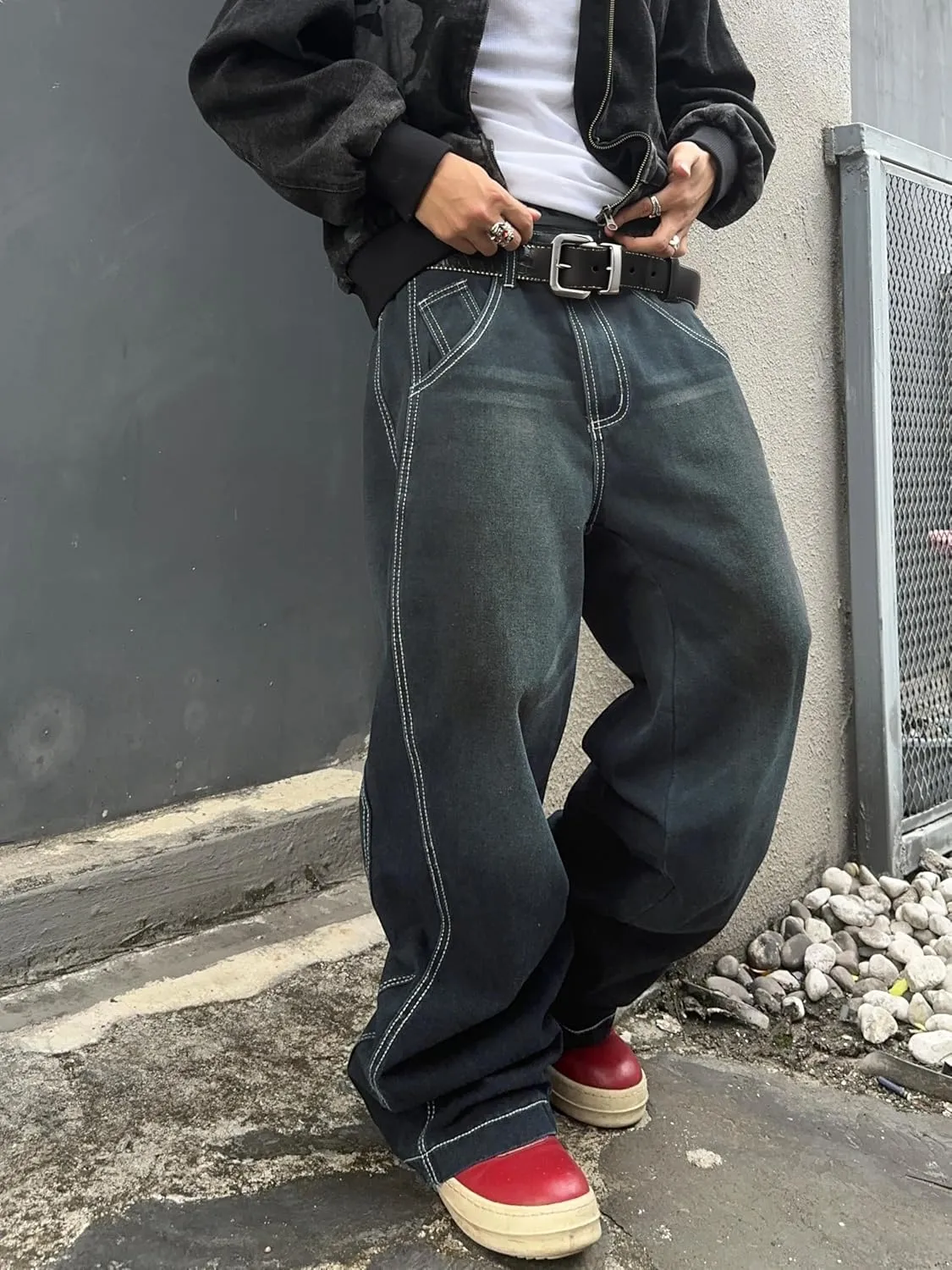 Mens Irregular Sutures Baggy Jeans with Angled Pocket Y2k Hip Hop Wide Leg Denim Pants
