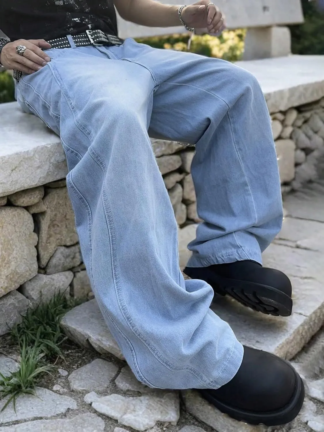Mens Irregular Sutures Baggy Jeans with Angled Pocket Y2k Hip Hop Wide Leg Denim Pants